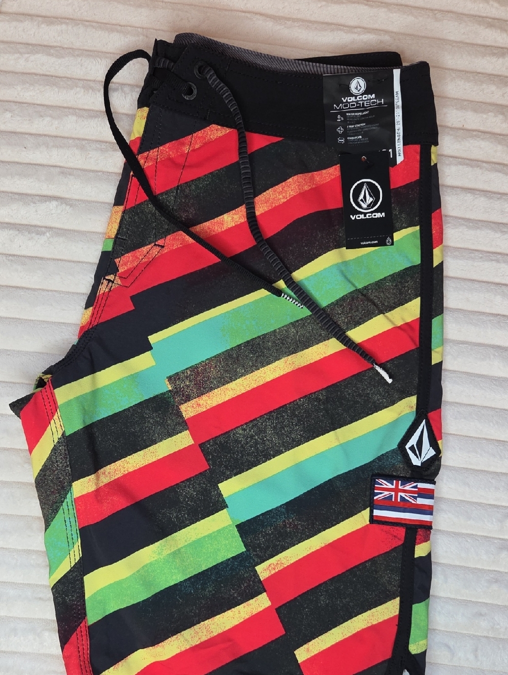 Volcom Men’s Black Red Yellow Green Striped Hybrid Boardshorts Swim Shorts